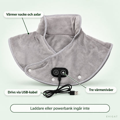 Nackvärmaren med förklarande pekare: värmer nacke och axlar, tre värmenivåer och drivs via USB-kabel, laddare eller powerbank ingår inte