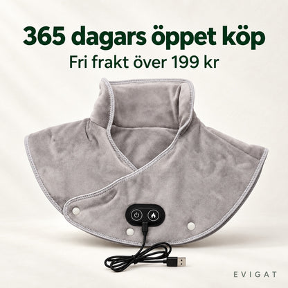 Nackvärmaren i grå plysch med texten 365 dagars öppet köp och Fri frakt över 199 kr
