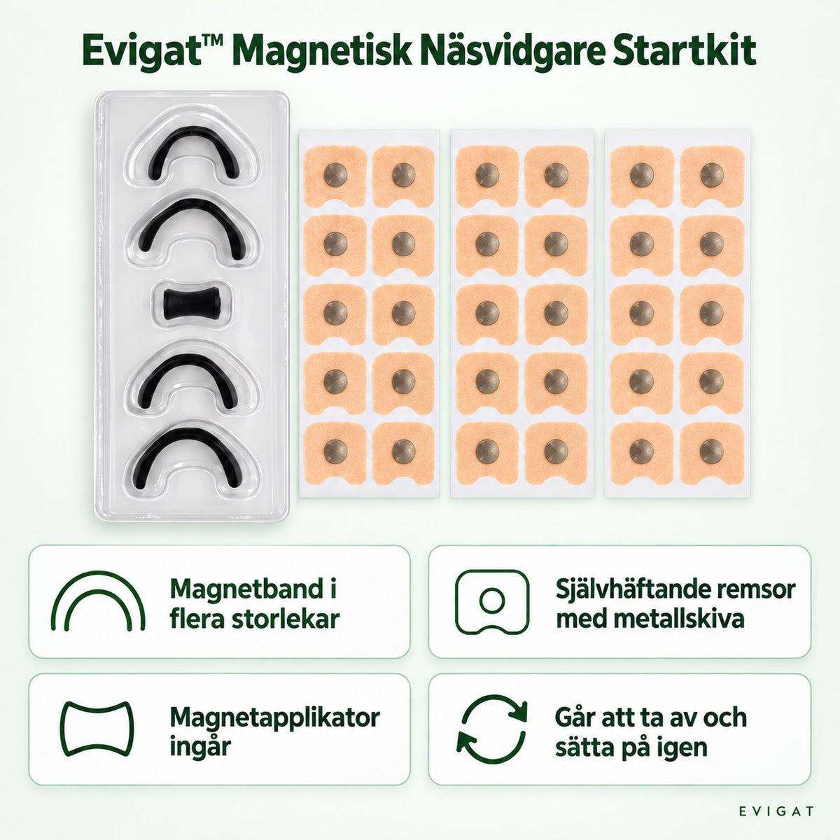 Magnetiskt näsvidgare startkit: bricka med fyra svarta magnetband och applikator samt tre ark med självhäftande remsor