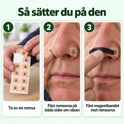 Tre steg: ta av en remsa, fäst remsorna på båda sidor om näsan och fäst magnetbandet mot remsorna