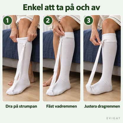 Tre steg för att ta på nattstrumpan: dra på strumpan, fäst vadremmen och justera dragremmen