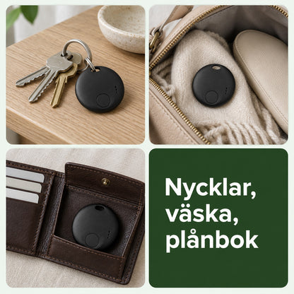 Spårarbrickan på en nyckelknippa, i en väska och i en plånbok