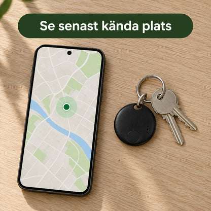 Mobil med karta som visar senast kända plats, brickan och nycklar bredvid