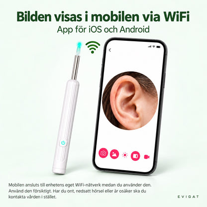 Bilden från öronrengörarens kamera visas i mobilen via WiFi