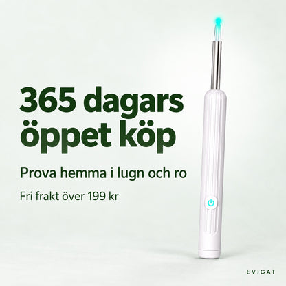 Öronrengörare med kamera och text om 365 dagars öppet köp och fri frakt över 199 kr