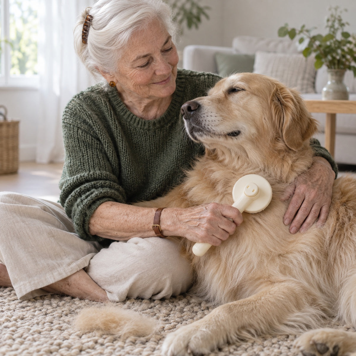 Äldre kvinna på en matta borstar en golden retriever med en cremevit självrensande borste