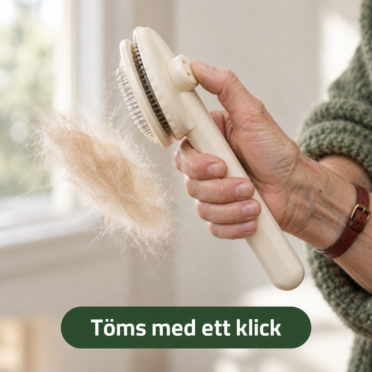 Tumme trycker på knappen på borstens baksida så att pälsen glider av pinnarna