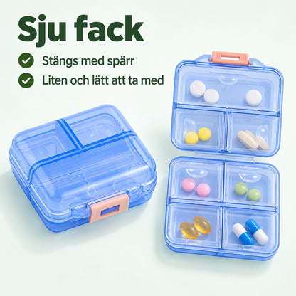 Blå pillerask med sju fack, stängd och uppslagen, med texterna sju fack, stängs med spärr och liten och lätt att ta med