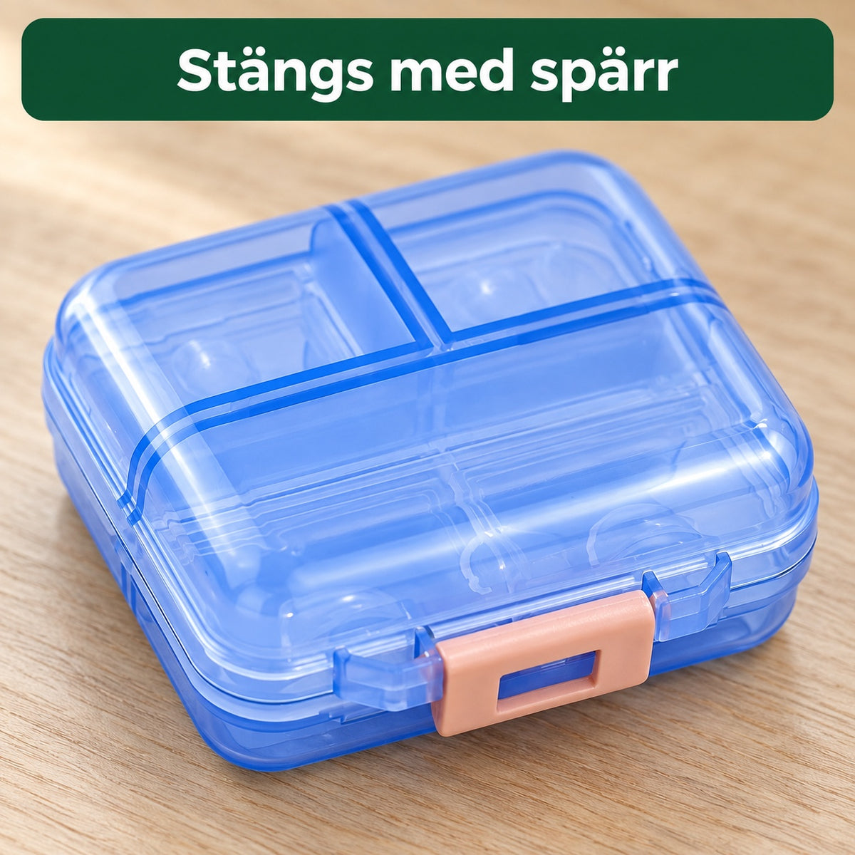 Närbild på den blå pillerasken med persikofärgad spärr, med texten stängs med spärr
