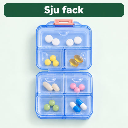 Uppslagen blå pillerask sedd rakt uppifrån med sju fack och olika tabletter, med texten sju fack