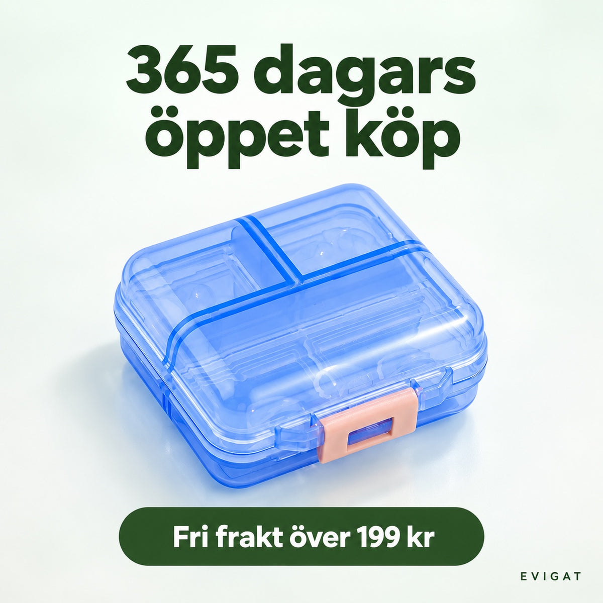 Blå pillerask med texten 365 dagars öppet köp och Fri frakt över 199 kr