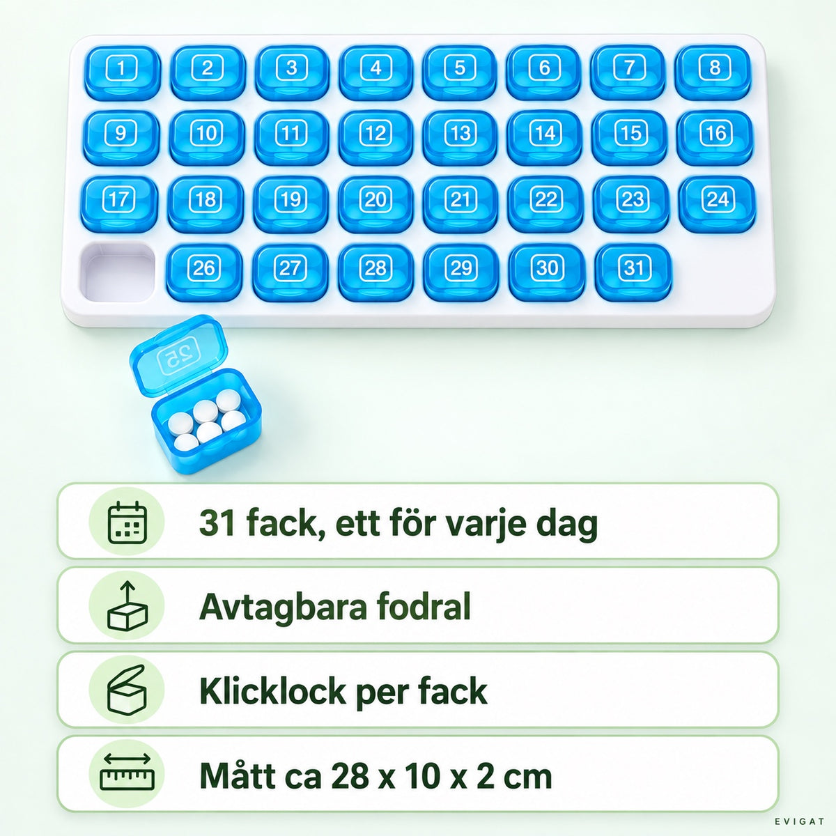 Pillerboxens fördelar: 31 fack, avtagbara fodral, klicklock per fack och mått ca 28 x 10 x 2 cm