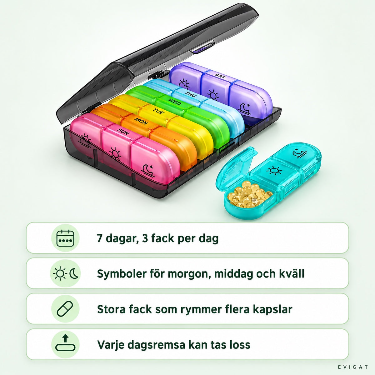 Pillerbox med sju färgade dagsremsor med tre fack per dag och en uttagen turkos remsa med kapslar