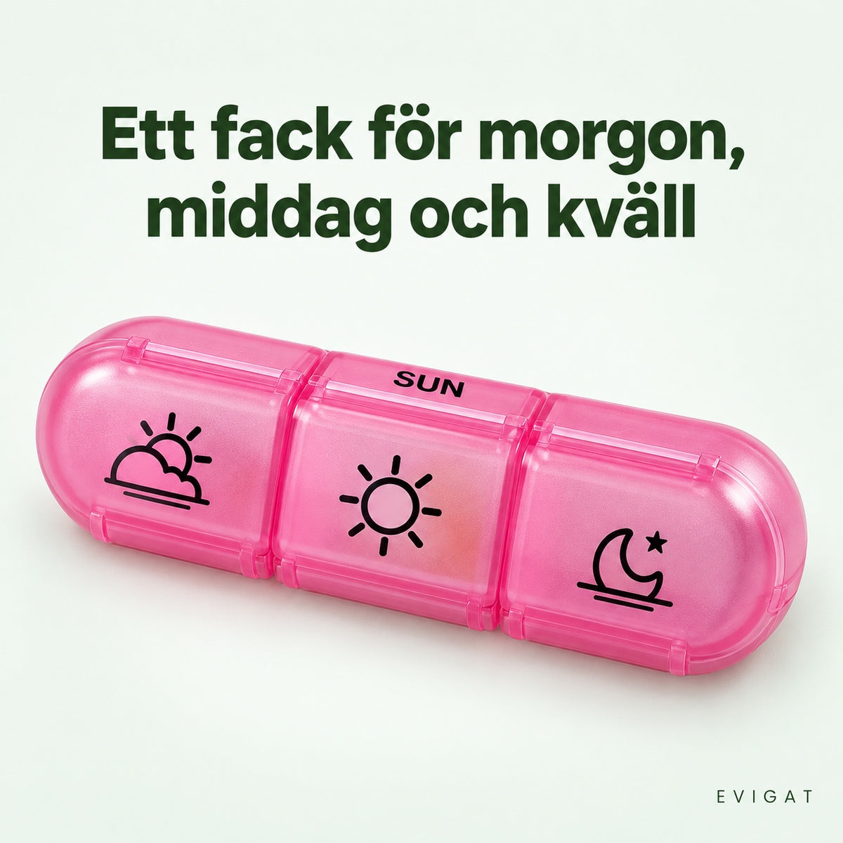 Rosa dagsremsa med tre fack för morgon, middag och kväll