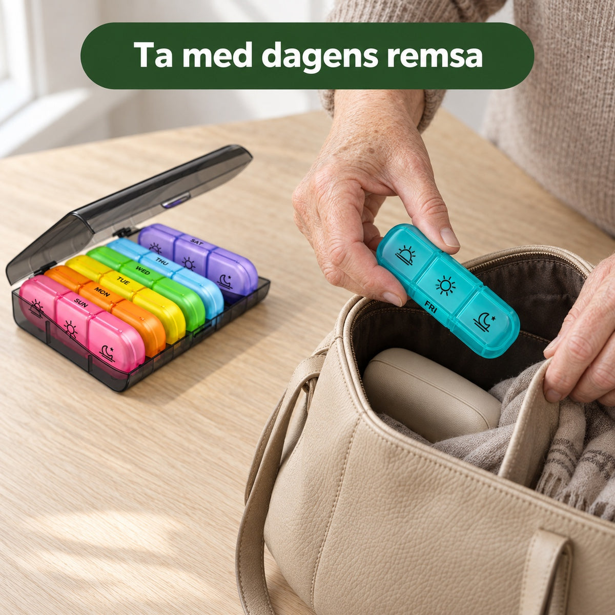 En dagsremsa tas loss från pillerboxen och läggs i en handväska