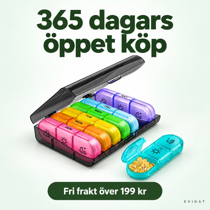 Pillerbox med sju dagsremsor, 365 dagars öppet köp och fri frakt över 199 kr