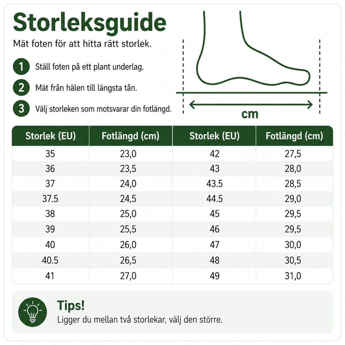 Storleksguide för promenadsandaler med storlek 35 till 49 och fotlängd i centimeter