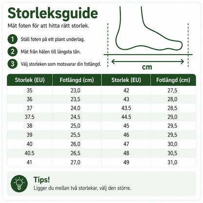 Storleksguide för promenadsandaler med storlek 35 till 49 och fotlängd i centimeter