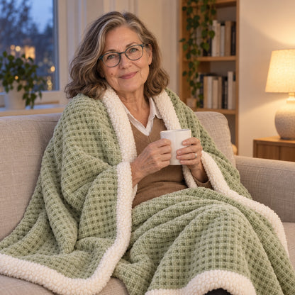 Äldre kvinna med glasögon sitter i en soffa med en salviagrön sherpapläd runt axlarna och håller en vit mugg