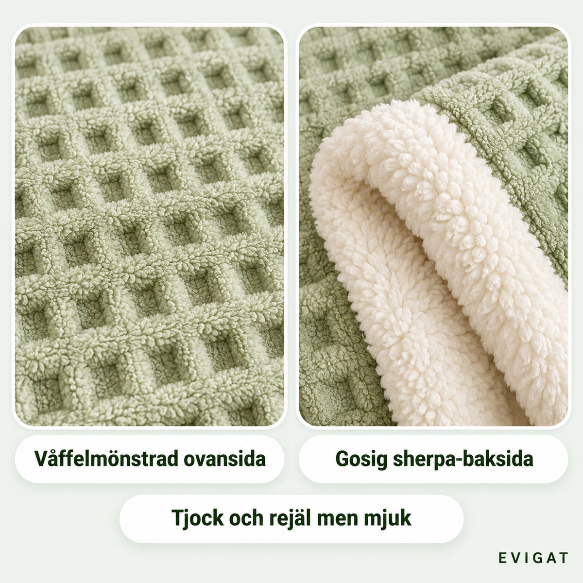 Närbild på plädets våffelmönstrade ovansida och den vita sherpa-baksidan, med texterna våffelmönstrad ovansida, gosig sherpa-baksida och tjock och rejäl men mjuk