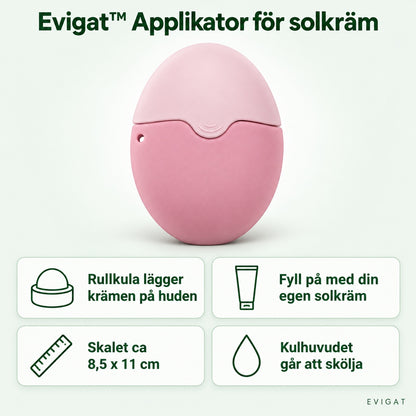 Rosa äggformad applikator för solkräm med fyra korta fördelar: rullkula, egen solkräm, skal cirka 8,5 x 11 cm och kulhuvud som går att skölja