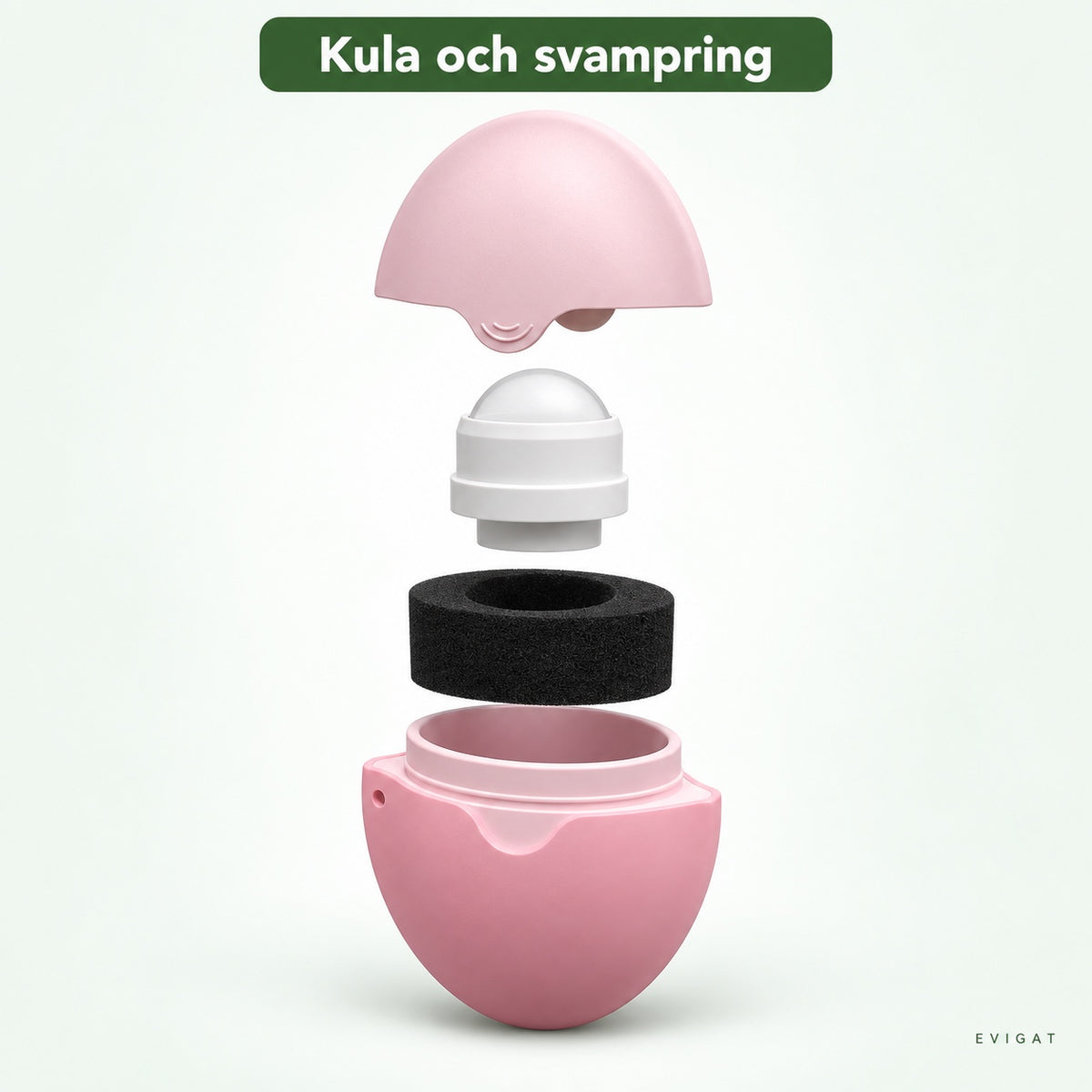 Applikatorns delar isärtagna: lock, rullkula, svart svampring och rosa skal