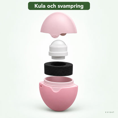 Applikatorns delar isärtagna: lock, rullkula, svart svampring och rosa skal