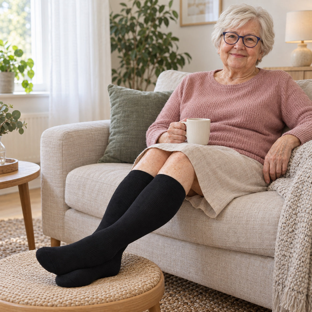 Äldre kvinna sitter i en soffa med fötterna uppe på en pall och bär svarta knähöga stödstrumpor