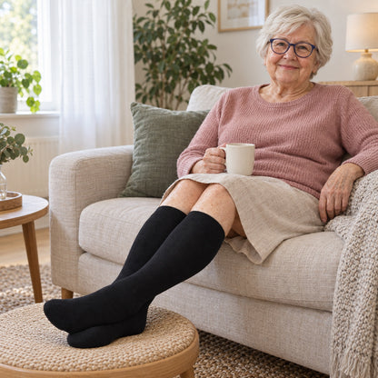 Äldre kvinna sitter i en soffa med fötterna uppe på en pall och bär svarta knähöga stödstrumpor