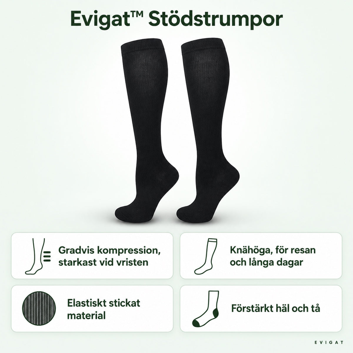 Evigat stödstrumpor: svarta knähöga strumpor med gradvis kompression, elastiskt stickat material och förstärkt häl och tå