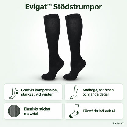 Evigat stödstrumpor: svarta knähöga strumpor med gradvis kompression, elastiskt stickat material och förstärkt häl och tå