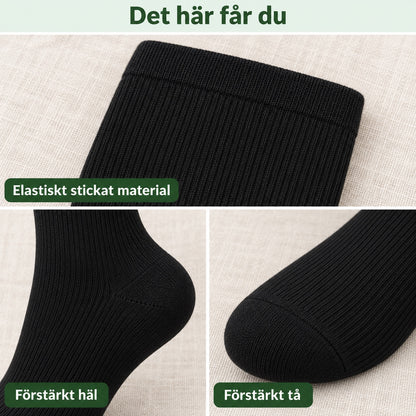 Närbilder på de svarta ribbstickade stödstrumporna: övre kant, förstärkt häl och förstärkt tå