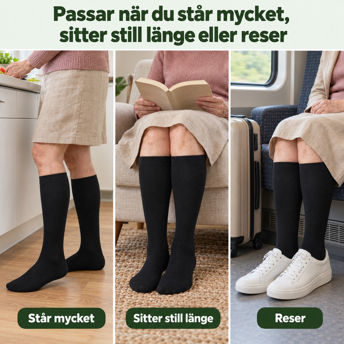 Stödstrumpor på en kvinna som står i köket, sitter i en fåtölj med en bok och sitter på ett tåg med resväska