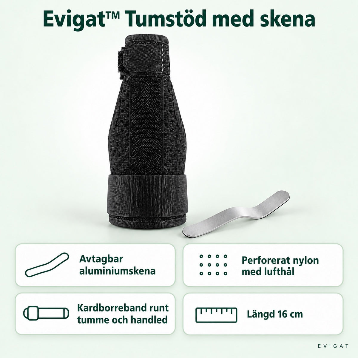 Svart tumstöd med tumband och brett handledsband, upprätt, med lös aluminiumskena bredvid