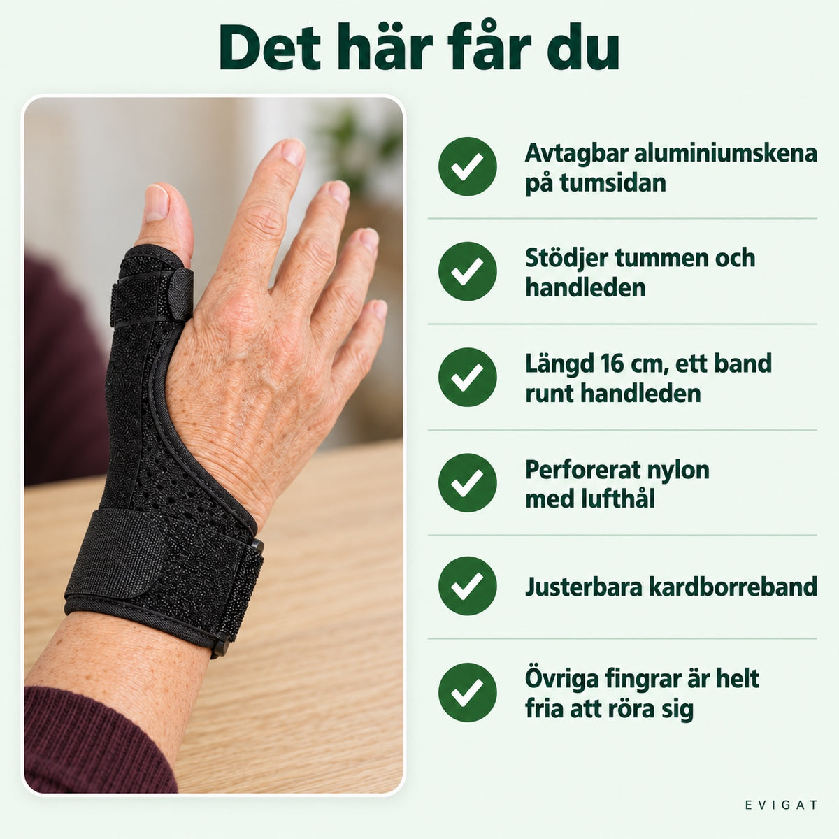 Tumstöd på en hand med lista över vad stödet har