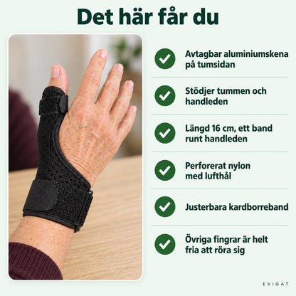 Tumstöd på en hand med lista över vad stödet har