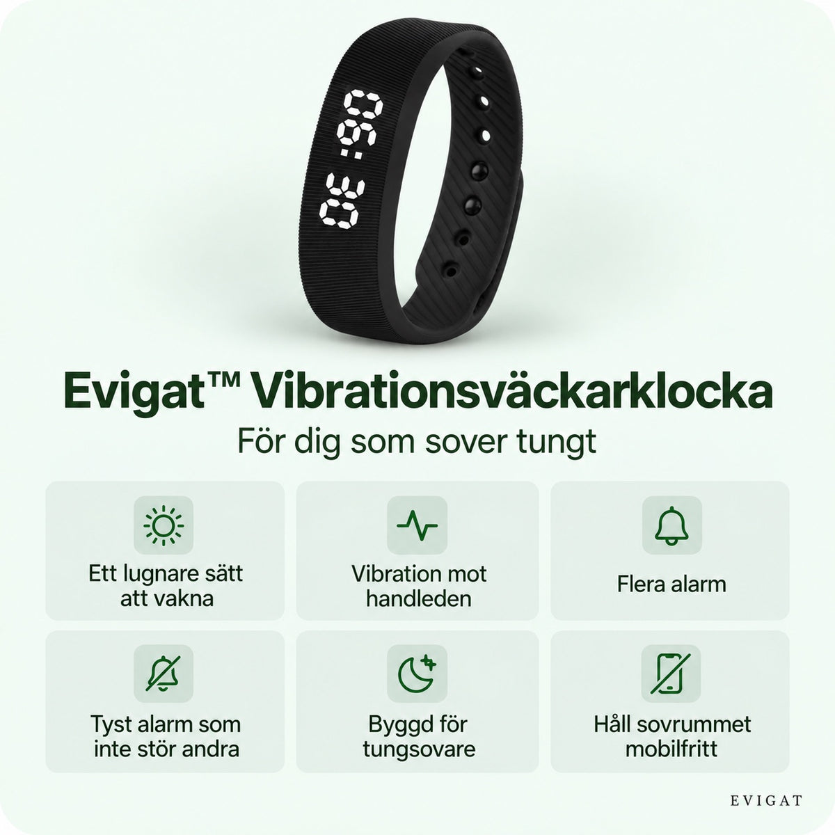 Vibrationsväckarklocka med svart silikonband och sex fördelar: ett lugnare sätt att vakna, vibration mot handleden, flera alarm, tyst alarm, byggd för tungsovare och håll sovrummet mobilfritt
