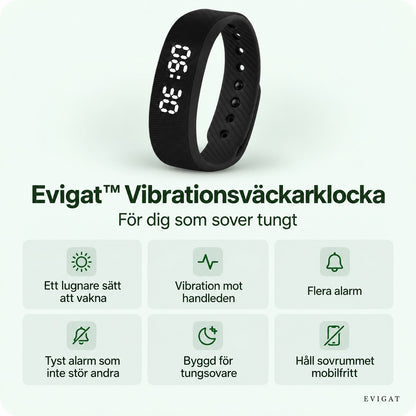 Vibrationsväckarklocka med svart silikonband och sex fördelar: ett lugnare sätt att vakna, vibration mot handleden, flera alarm, tyst alarm, byggd för tungsovare och håll sovrummet mobilfritt