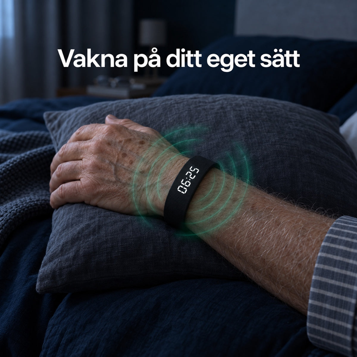 Hand på en kudde med vibrationsväckarklockan på handleden och gröna ringar som illustrerar vibrationen