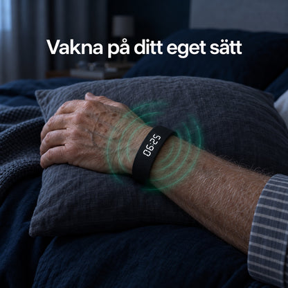 Hand på en kudde med vibrationsväckarklockan på handleden och gröna ringar som illustrerar vibrationen