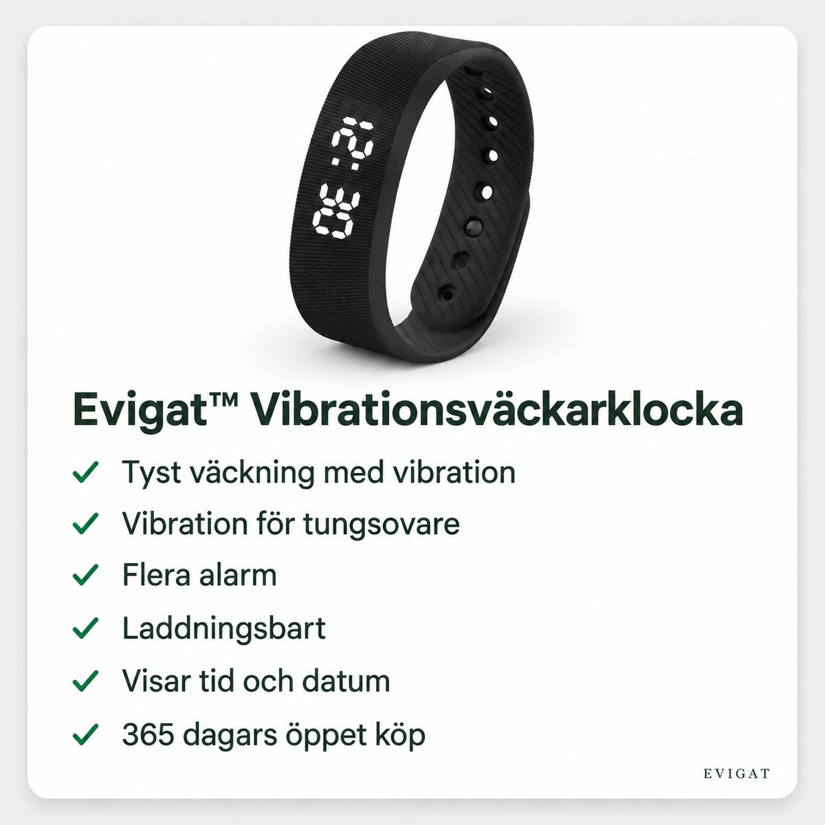 Vibrationsväckarklocka med lista: tyst väckning med vibration, vibration för tungsovare, flera alarm, laddningsbart, visar tid och datum, 365 dagars öppet köp