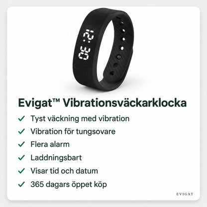 Vibrationsväckarklocka med lista: tyst väckning med vibration, vibration för tungsovare, flera alarm, laddningsbart, visar tid och datum, 365 dagars öppet köp