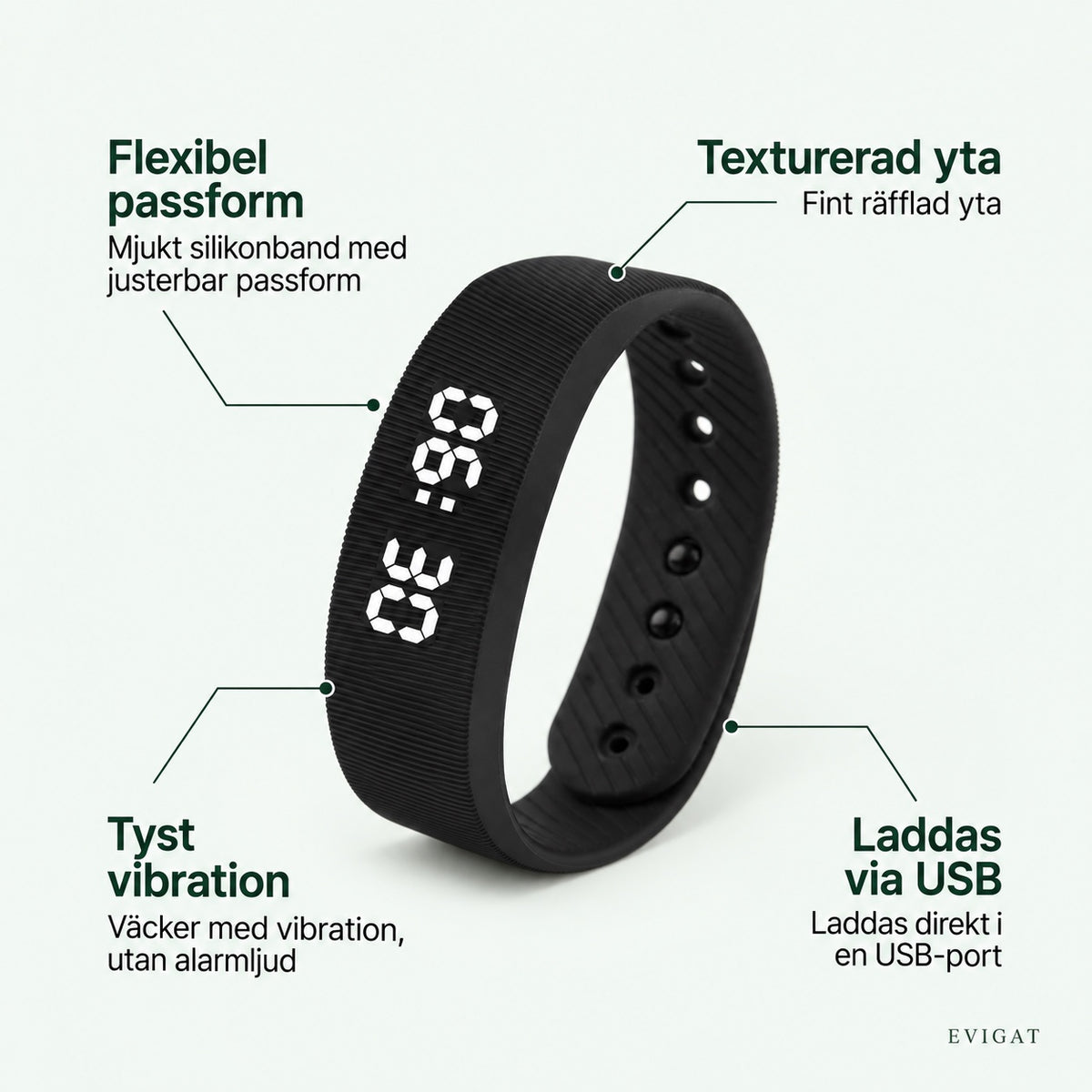 Vibrationsväckarklockans delar: flexibel passform, texturerad yta, tyst vibration och laddning via USB
