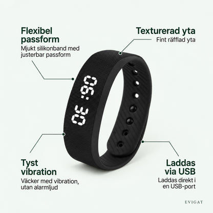 Vibrationsväckarklockans delar: flexibel passform, texturerad yta, tyst vibration och laddning via USB