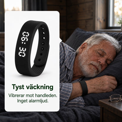 Man sover med vibrationsväckarklockan på handleden, rutan Tyst väckning: vibrerar mot handleden, inget alarmljud