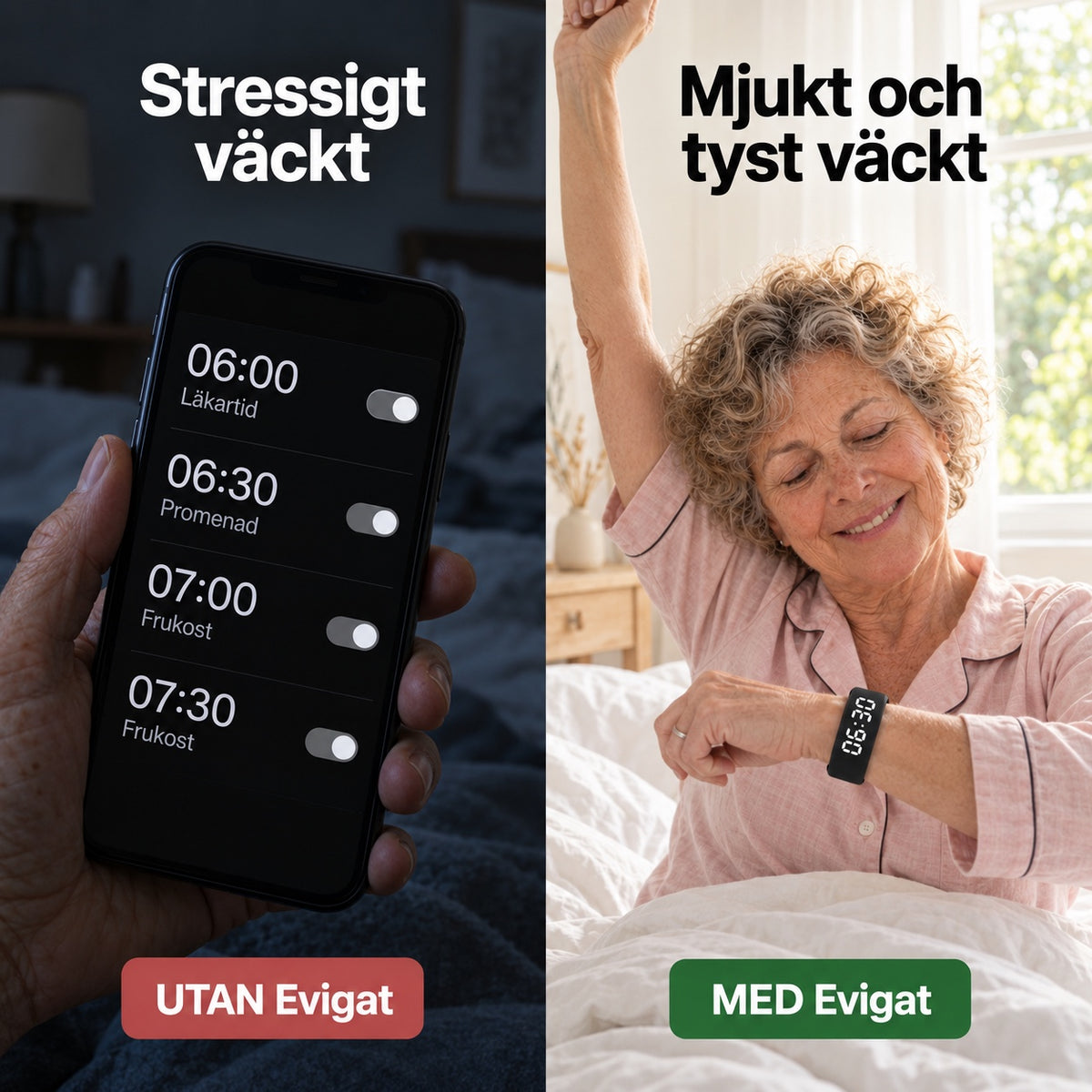Delad bild: stressigt väckt av telefonalarm jämfört med mjukt och tyst väckt med vibrationsväckarklockan