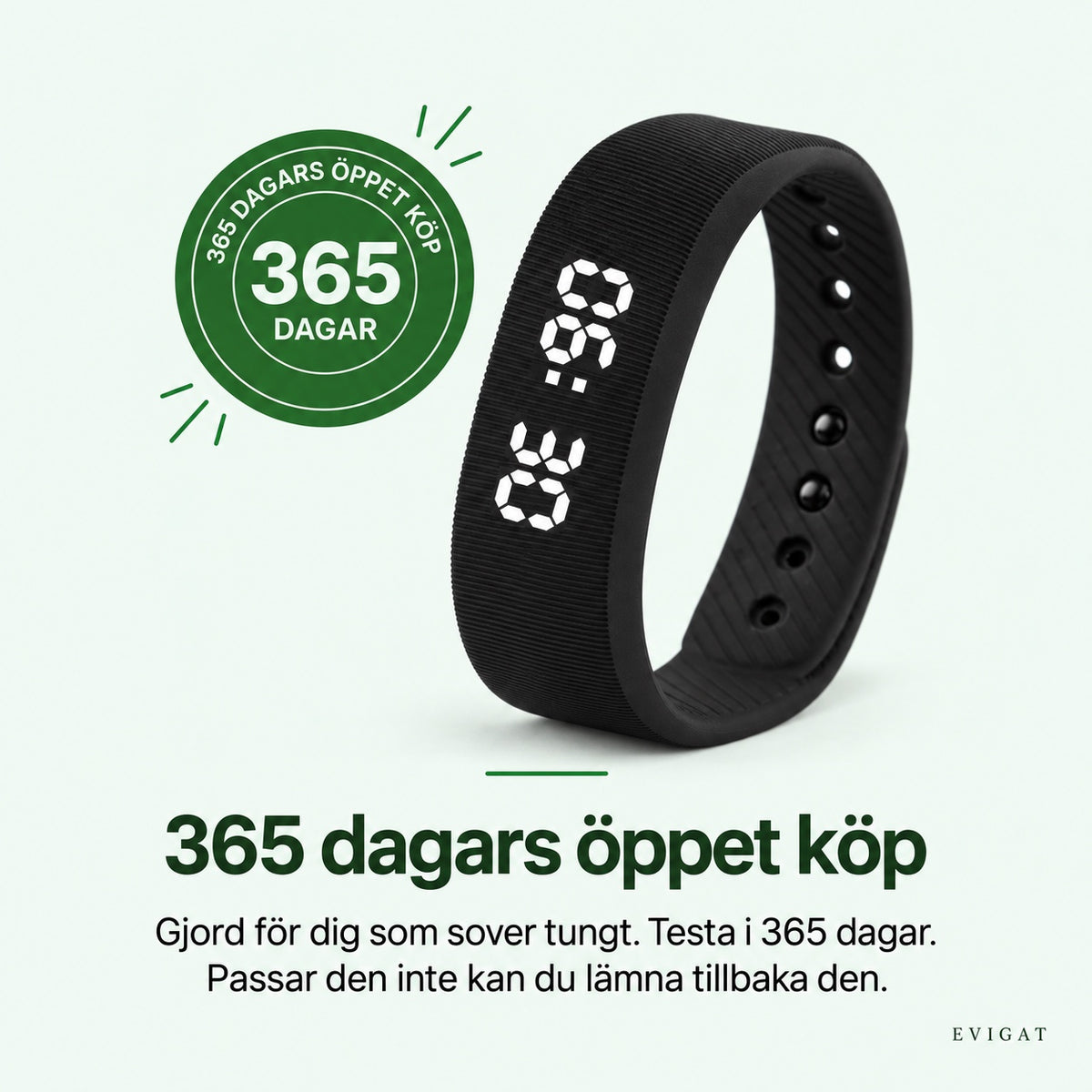 Stämpel 365 dagars öppet köp bredvid vibrationsväckarklockan