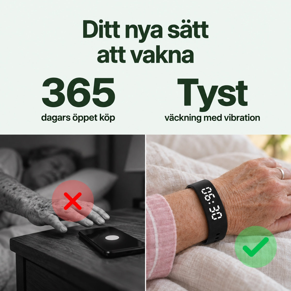 Ditt nya sätt att vakna: 365 dagars öppet köp och tyst väckning med vibration
