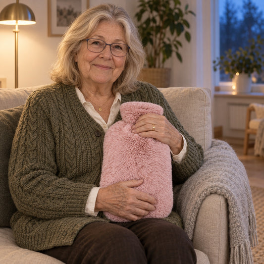 Äldre kvinna sitter i en soffa och håller en rosa varmvattenflaska med plyschöverdrag mot magen