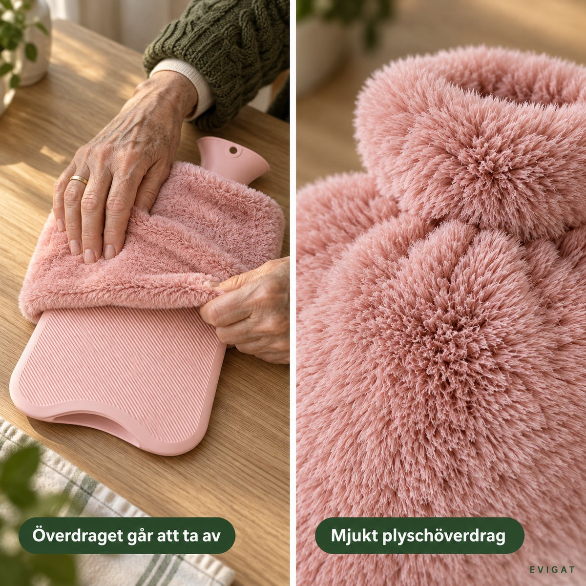 Plyschöverdraget dras av en rosa varmvattenflaska, och närbild på det mjuka rosa plyschet, med texterna överdraget går att ta av och mjukt plyschöverdrag